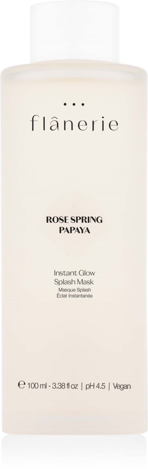 Eine lange weiße Flasche mit der Marke Flanerie, Text zu Rose Spring und Papaya, Größe und vegan.