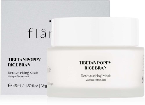 Ein weißer Behälter und Karton mit schwarzem Text für Tibetan Poppy Rice Bran Re-texturizing Maske, 45 ml.