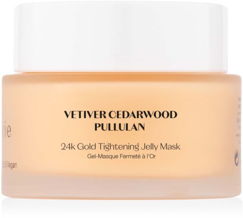 Ein Behälter mit VETIVER CEDARWOOD PULLULAN 24k Gold straffende Gelmaske, mit weißem Deckel und Beigeschale.