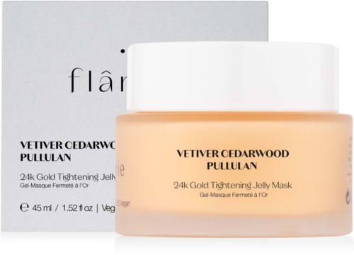Ein Glas Vetiver Cedarwood Jelly Maske und eine Schachtel, beide mit einfachem schwarzen Text auf weißem und beigem Hintergrund.