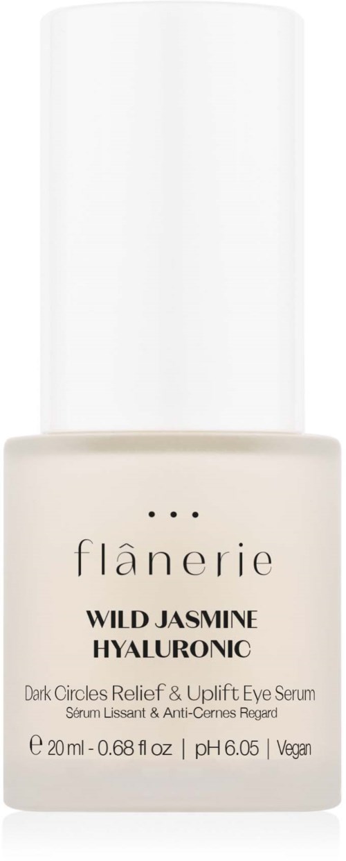 A bottle of Flanerie Wild Jasmine Hyaluronic eye serum, small, with a white label and clear cap.