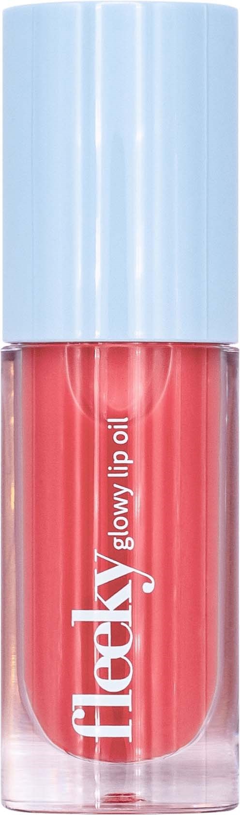 Kynä huulikiilto, jossa on sininen kansi ja teksti "flexi glossy lip oil".
