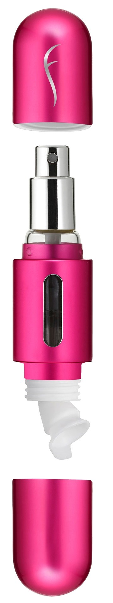 En rosa och silver bärbar sprayflaska med lock, spraymunstycke och en switch inuti. Flaskan är delad i sektioner.