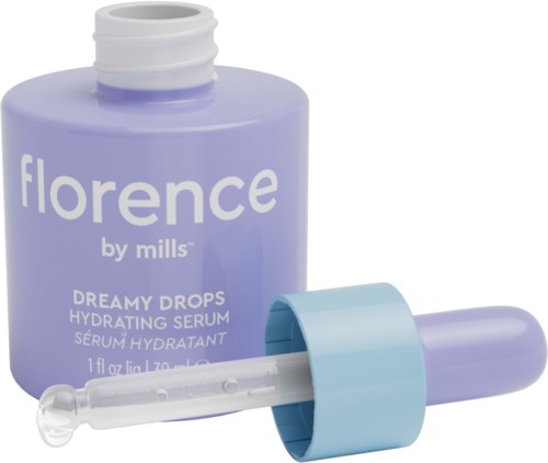 En lilla krukke med en pipette viser Florence by mills Dreamy Drops hydratiserende serum. Pipetten er plassert foran.