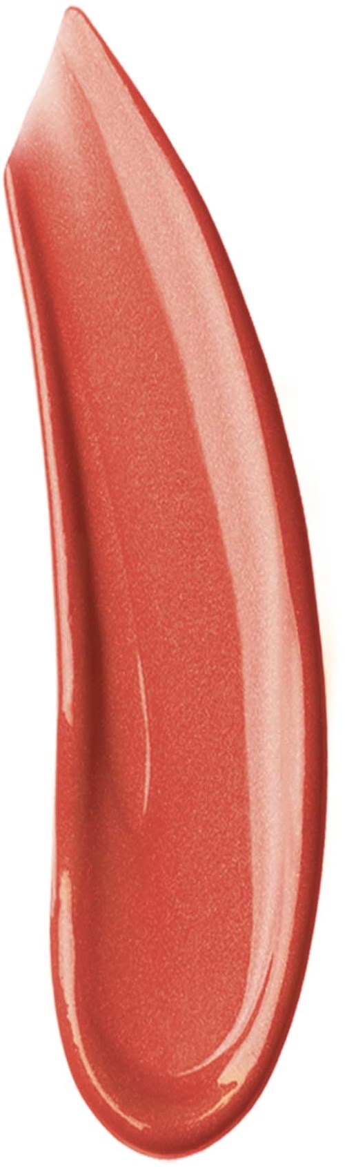 A curved, lipstick smear in a coral shade on a white background.