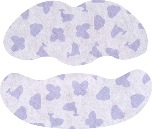A paper cutout shaped like lips, decorated with purple butterfly and heart patterns.