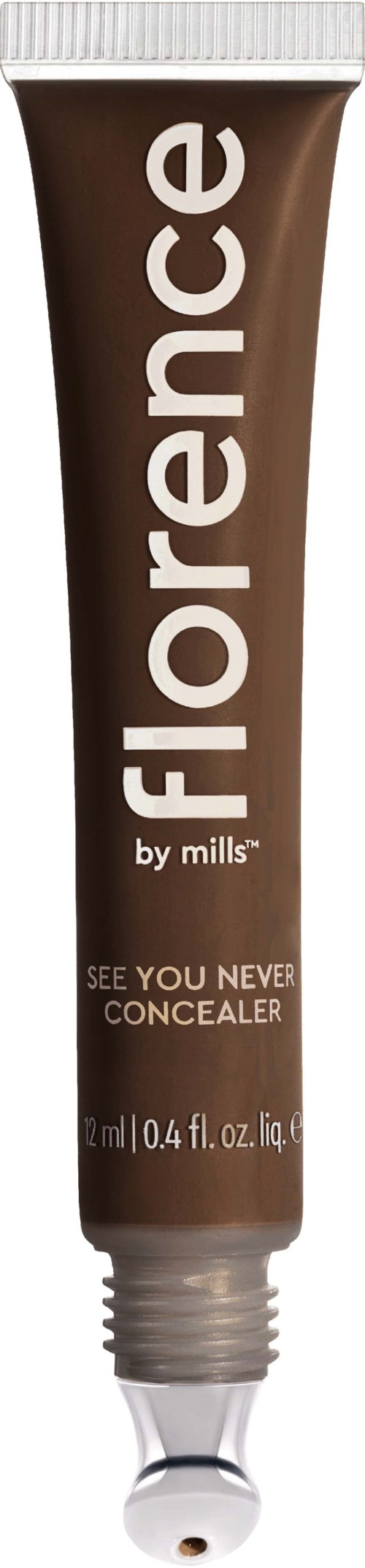 En brun tub med concealer med vit kork, märkt 'Florence' av Mills och 'See You Never Concealer.'