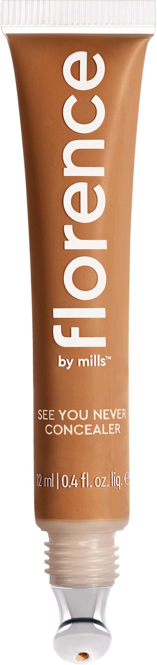 En brun tub med vitt text som visar att det är en concealer från Florence by Mill's. Den är 12 ml.