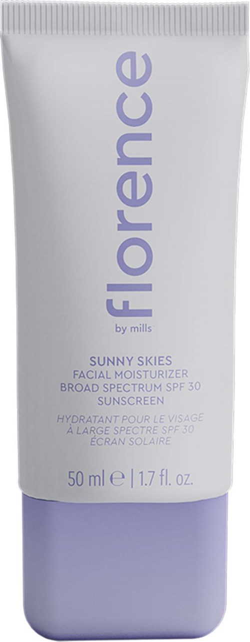 En hvit og lilla tube med ansiktsfuktighetskrem med SPF 30, kalt Florence, av Mills, inneholder 50 ml.