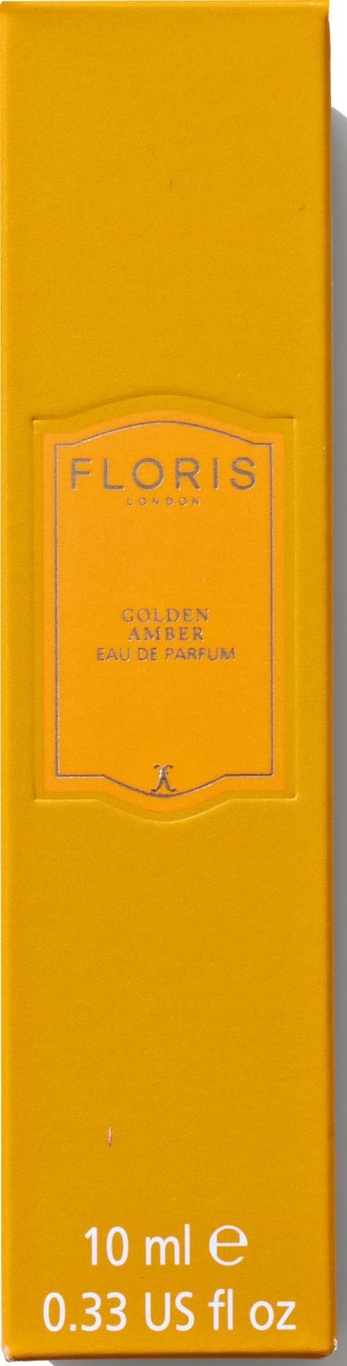 Żółte pudełko z nazwą marki Floris i napisami 'Golden Amber', wskazujące na flakon perfum.