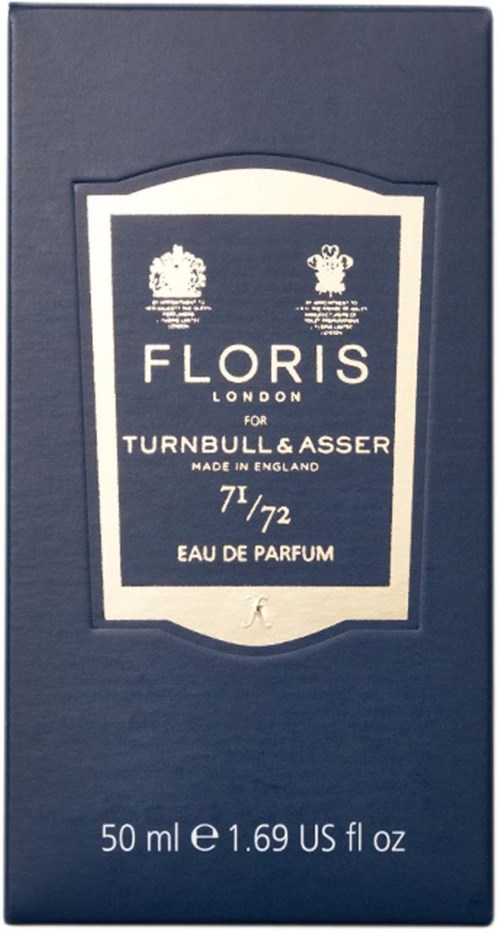A blue box with a label showing fragrance details for Floris London perfume, made in England, 50 ml size.