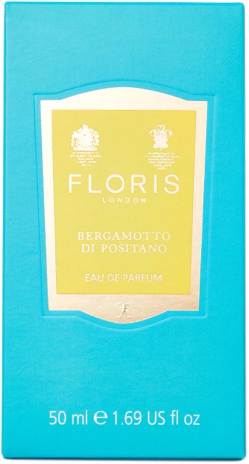 Pudełko z perfumami z żółtą etykietą, niebieskim opakowaniem i tekstem 'Floris London Bergamotto di Positano Eau de Parfum, 50 ml.'