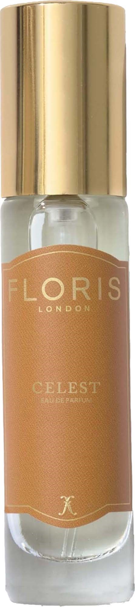 Ein Parfümflasche mit goldener Kappe, beschriftet Floris London Celest, mit beiger Flüssigkeit.