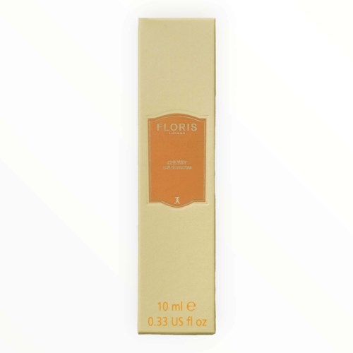 Ein hohes, cremefarbenes Box mit orangefarbenem Etikett mit Floris London und Produktinformationen.