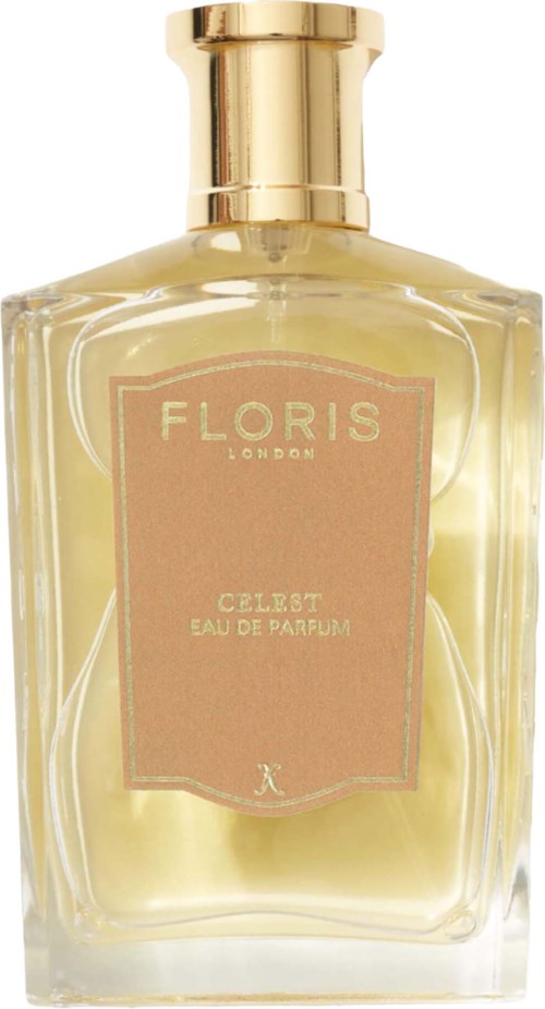 Eine klare Glas-Parfümflasche mit Goldkappe und rosa Etikett mit der Aufschrift Floris London Celest Eau de Parfum.