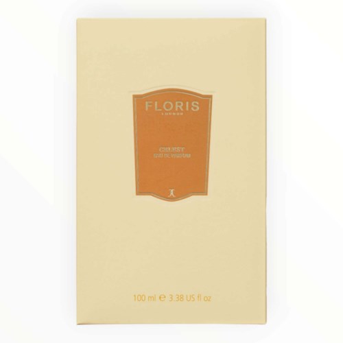 Ein cremefarbenes Packung mit orangefarbenem Etikett für Floris London Parfüm, 100 ml. Die Verpackung ist schlicht und elegant.