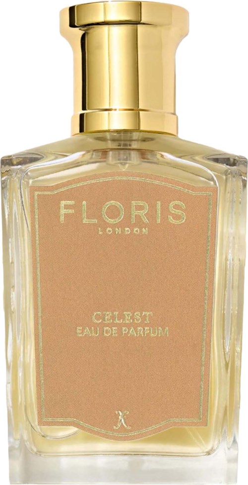 Ein Parfümflasche mit Goldkappe und einem beigen Etikett mit der Aufschrift Floris Celest Eau de Parfum.