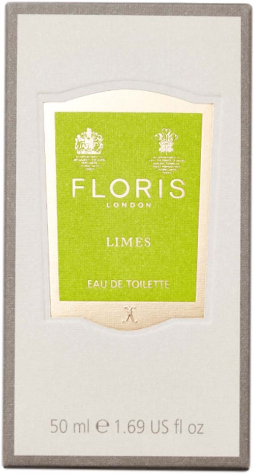 Białe opakowanie z zieloną etykietą na perfumy Floris London Limes Eau de Toilette, 50 ml. Prosty design z tekstem i małymi symbolami.