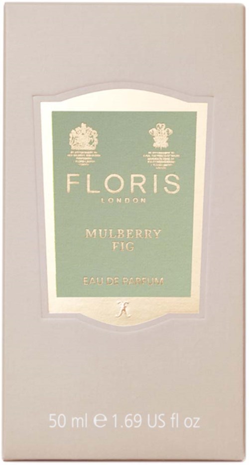 Miękko koloru pudełko perfum o nazwie 'Floris London Mulberry Fig Eau de Parfum' z informacją o pojemności na dole.