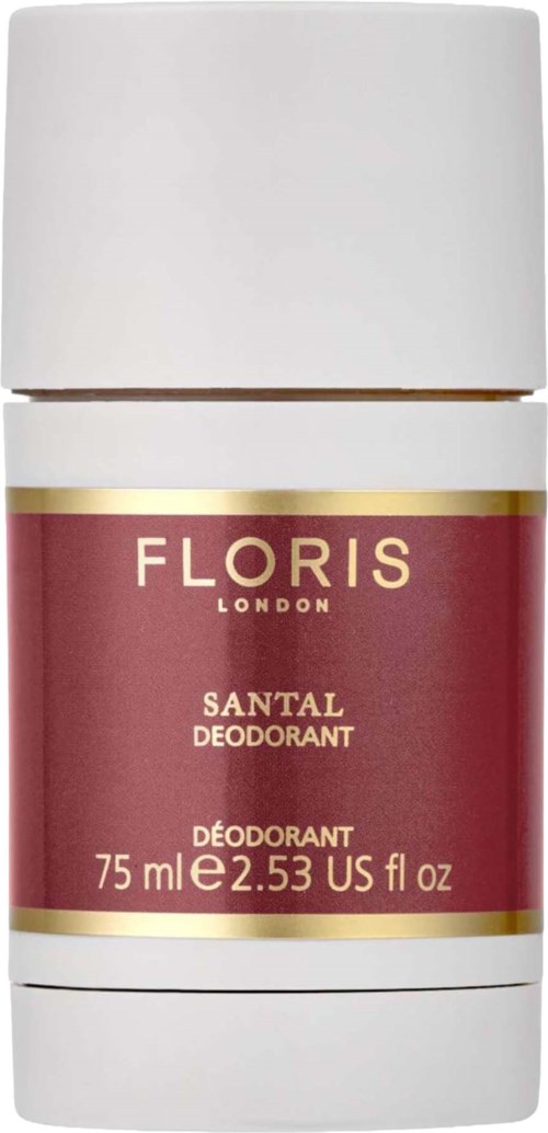 An odpornik w sztyfcie z białą nakrętką i ciałem w odcieniu różowo-brązowym, etykieta Floris London Santal Deodorant, 75 ml.