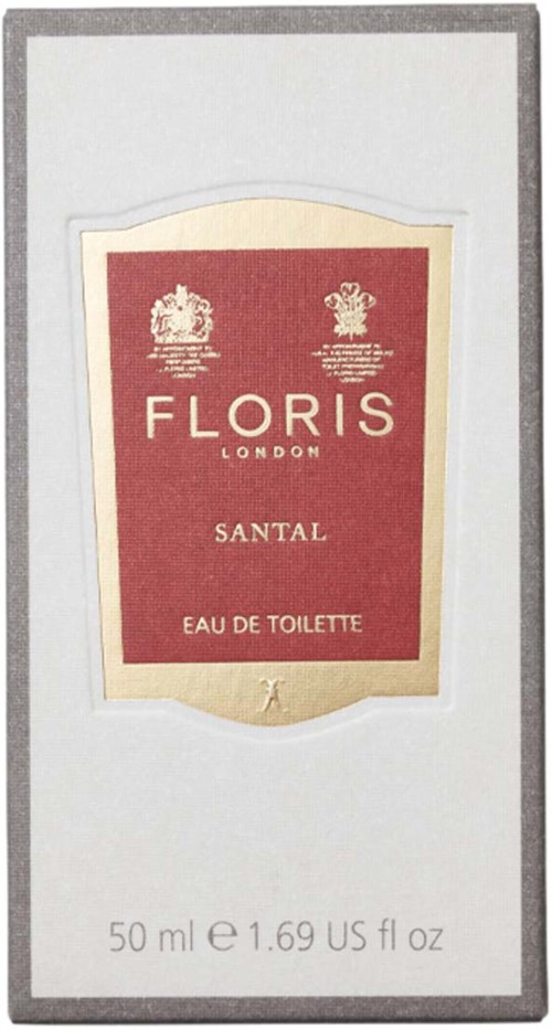 Pudełko z etykietą perfum dla Floris London Santal Eau de Toilette, 50 ml, z projektem i tekstem.