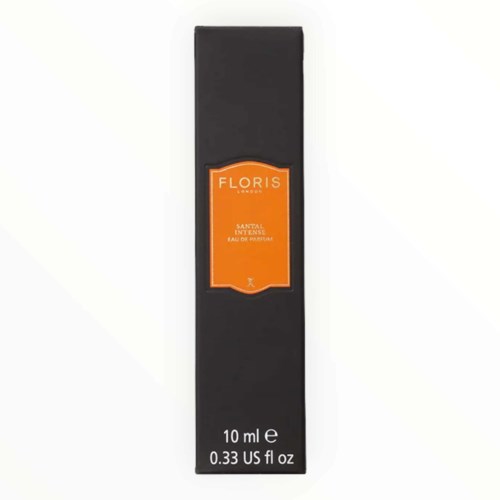 En svart rektangulär box med en orange etikett som visar FLORIS och produktdetaljer för Santal Intense parfym.