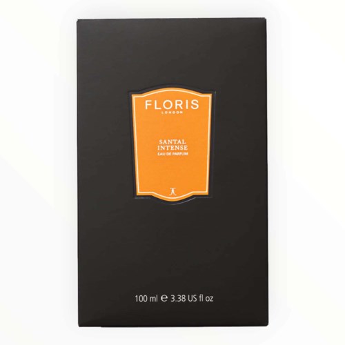 Svart box med orange etikett för Floris London Santal Intense parfym, 100 ml.