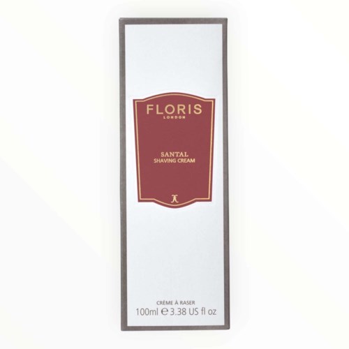 En hög, vit förpackning med en mörkröd etikett som läser Floris London Santal Shaving Cream och storleksuppgifter.