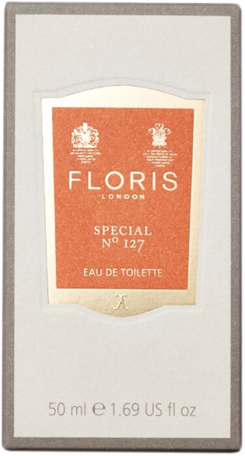 En æske med Floris London special Eau de Toilette, 50 ml, med rød label og sølvkant, viser produktdetaljer.