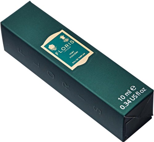 A dark green rectangular box with a label showing floral and tree icons, brand name Floris, and product size.