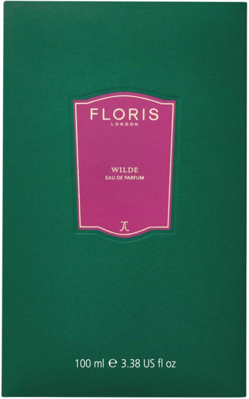 A green box with a pink label. The label says Floris London, Wilde Eau de Parfum, and has size details.