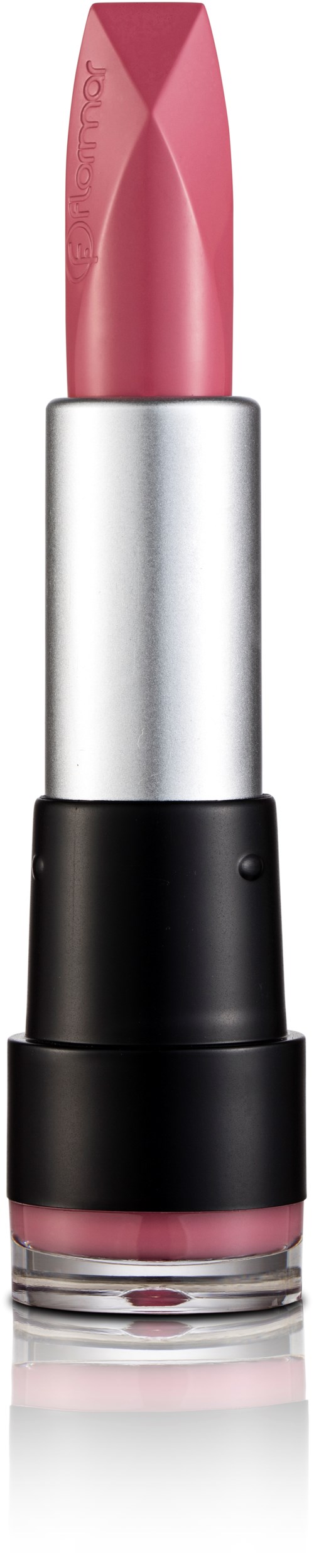 Ett rosa läppstift i ett silver- och svartfodral. Läppstiftet är delvis utdraget och visar sin färg.