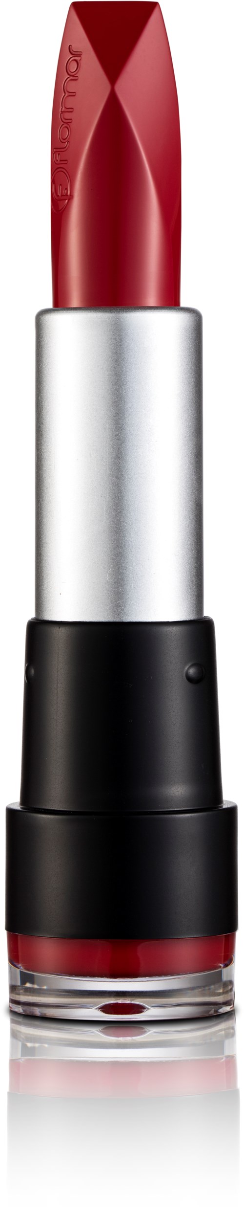 Ett rött läppstift med ett silver- och svart fodral på en svart bakgrund.