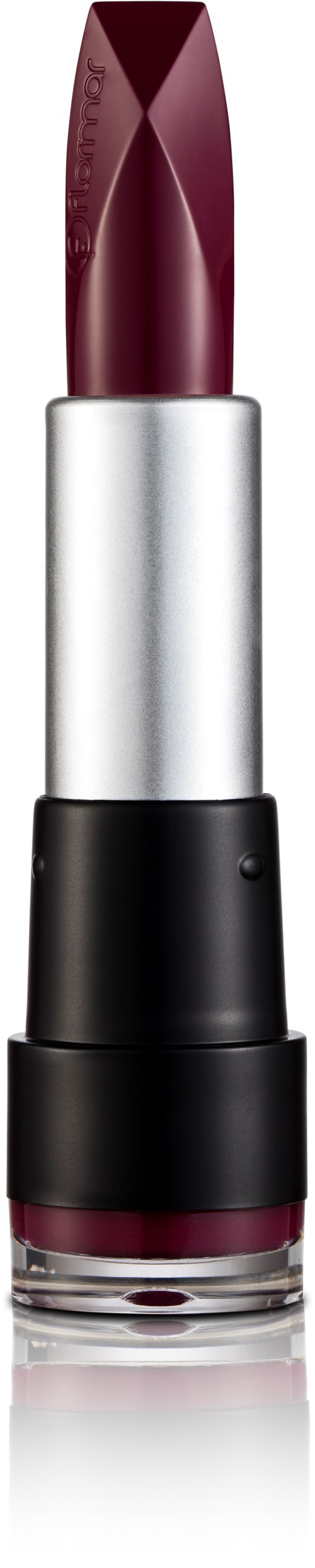 Ett läppstift i ett silver- och svart fodral, med en mörkröd läppstiftsstift, står upprätt.