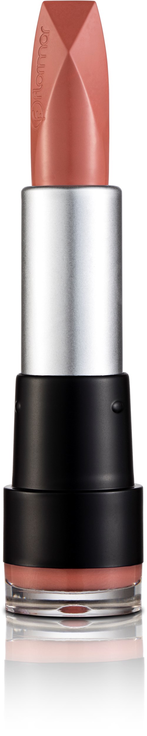 Ett läppstift i ett silver- och svart fodral, med locket borttaget, som visar ett nudefärgat läppstift.
