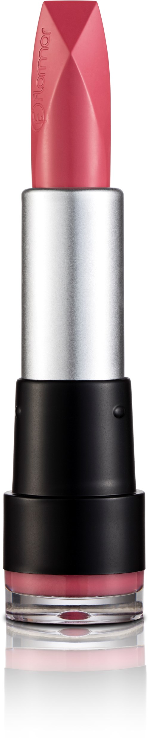 Ett rosa läppstift i ett silver- och svart fodral står upprätt mot en svart bakgrund.