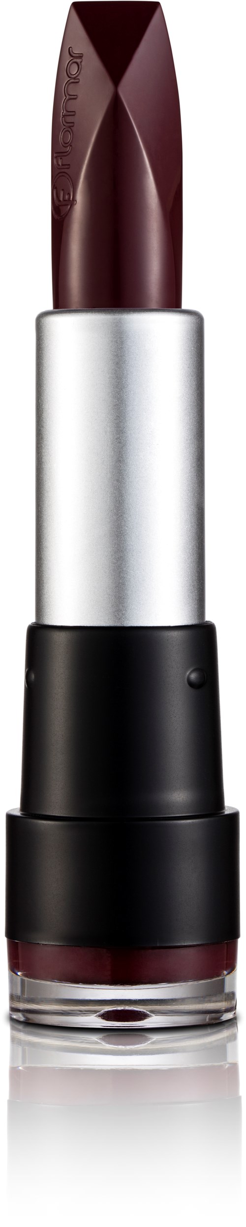 Ett läppstift med ett glänsande silver- och svart fodral, visar en mörkrödbrun färg.