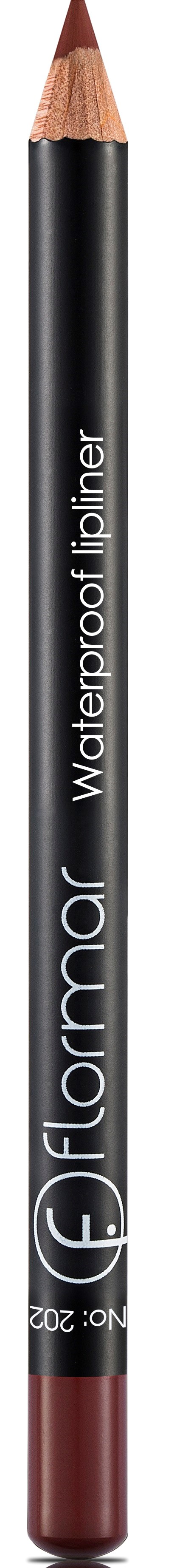 En svart ögonbrynspenna med en brun spets, märkt "Waterproof Liner" och "flormar".