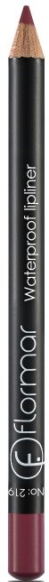 En läppenna med svart kropp, märkt 'Waterproof lipliner', med en ljusbrun och mörkröd spets.