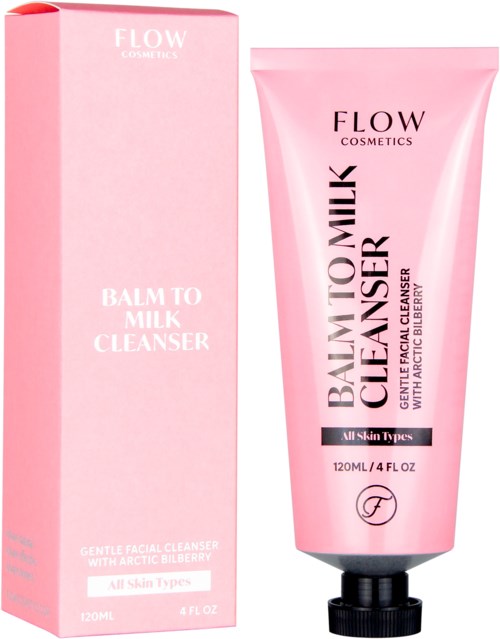 Valkoinen ja pinkki FLOW Cosmetics Balm to Milk Cleanser -putki ja laatikko Arctic Blueberry -yppillisellä, sopii kaikille ihotyypeille.