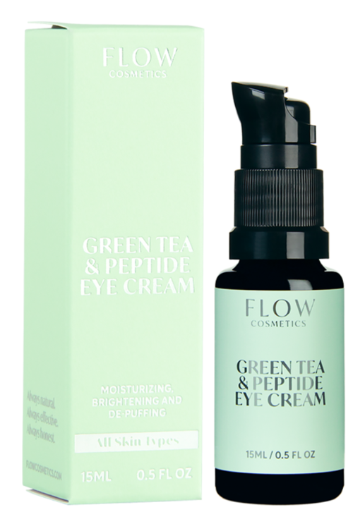 Vihreä ja musta pullo pumppusäiliöllä, vieressä vihreä boxi, nimeltä Green Tea and Peptide Eye Cream.