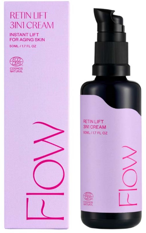 Vaaleanpunainen laatikko ja pullo ikääntymisen vastaiseen retinol-voiteeseen, pumpussa.