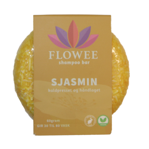 Sampooninpala, jossa etiketti lotus-kukalla, sisältää jasminia, painaa 60 grammaa ja on ympäristöystävällinen.