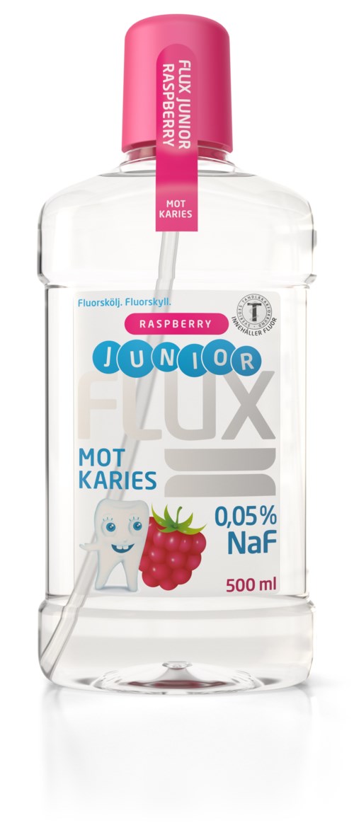 En tydlig munsköljflaska med rosa lock, hallonsmak och en tecknad tand med ett hallon. Innehåller 0,05 % fluorid.