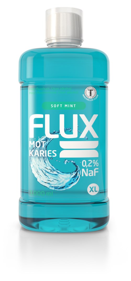 Blå flaske med fluorløsning med mintsmak, merket som XL, inneholder 0,2% fluor, mot hull i tennene.