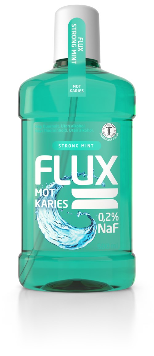 En grøn flaske mærket 'Flux' til stærk mynte, med vanddråbe grafik og tekst om tandkødssygdom.