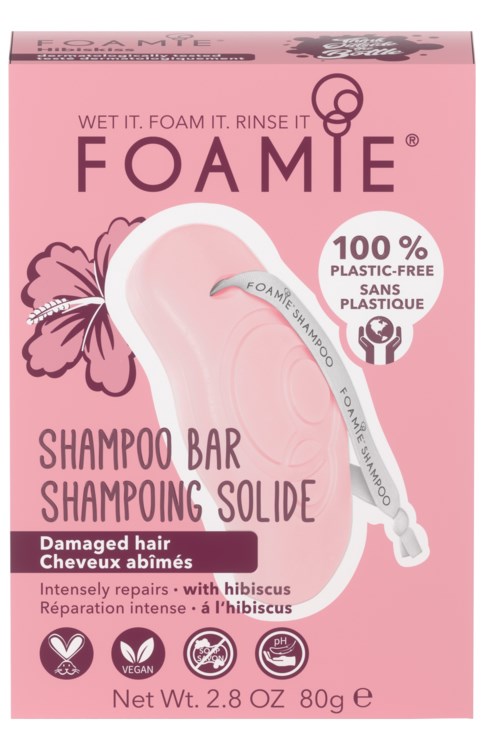 Roze doosje van FOAMIE vaste shampoo bar voor beschadigd haar met hibiscus, veganistisch, milieuvriendelijk en pH gebalanceerd.