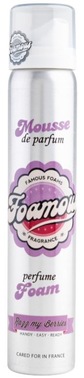 En lång vit burk med rosa och lila text, märkt som parfymskum med hallonsmak, från Frankrike.