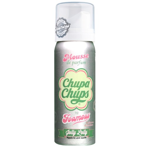 En liten sprayburk med vitt lock, grön och rosa text, och en logo som säger "Chupa Chups".