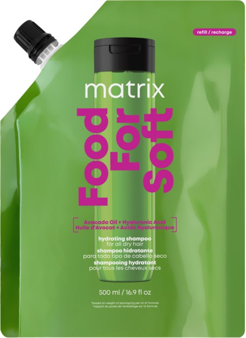 Recyclingbeutel mit Matrix Food For Soft feuchtigkeitsspendendes Shampoo für trockenes Haar, schwarzer Klappdeckel und grüne Verpackung.